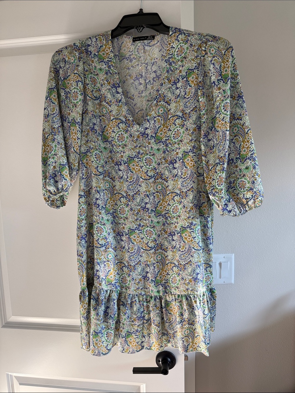 Black Tape_ Floral Paisley Mini Dress in Blue, Green & Yellow